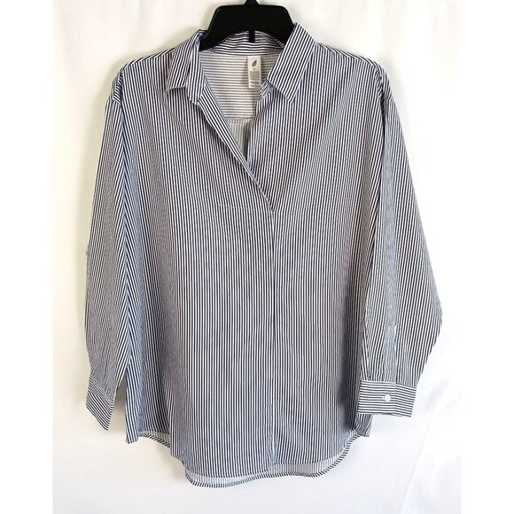 Blue White Stripe Collared Tunic Blouse Long Sleeve Women’s Shirt Casual - Picture 1 of 5